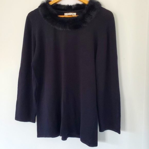 DRESS BARN Sz XL Black Rayon Knit Sweater Black Faux Fur Collar Mobwife Dressy - Picture 4 of 14